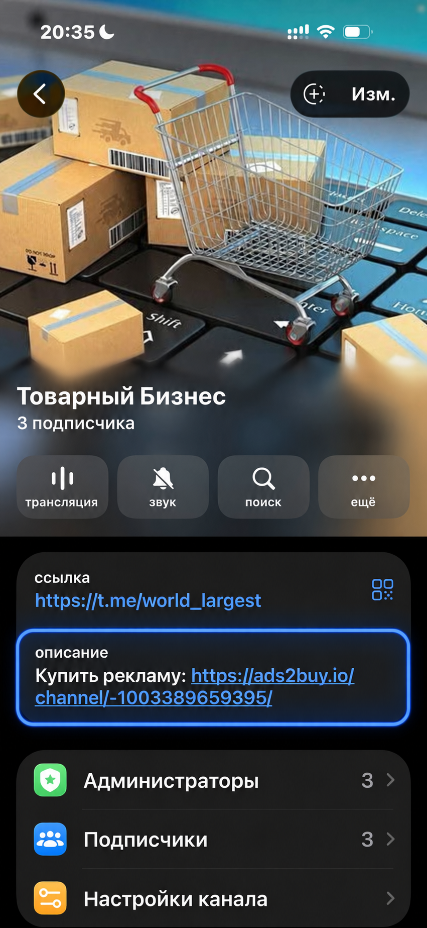 Настройки Telegram-канала: в поле «описание» добавлена ссылка на покупку рекламы через Ads2Buy